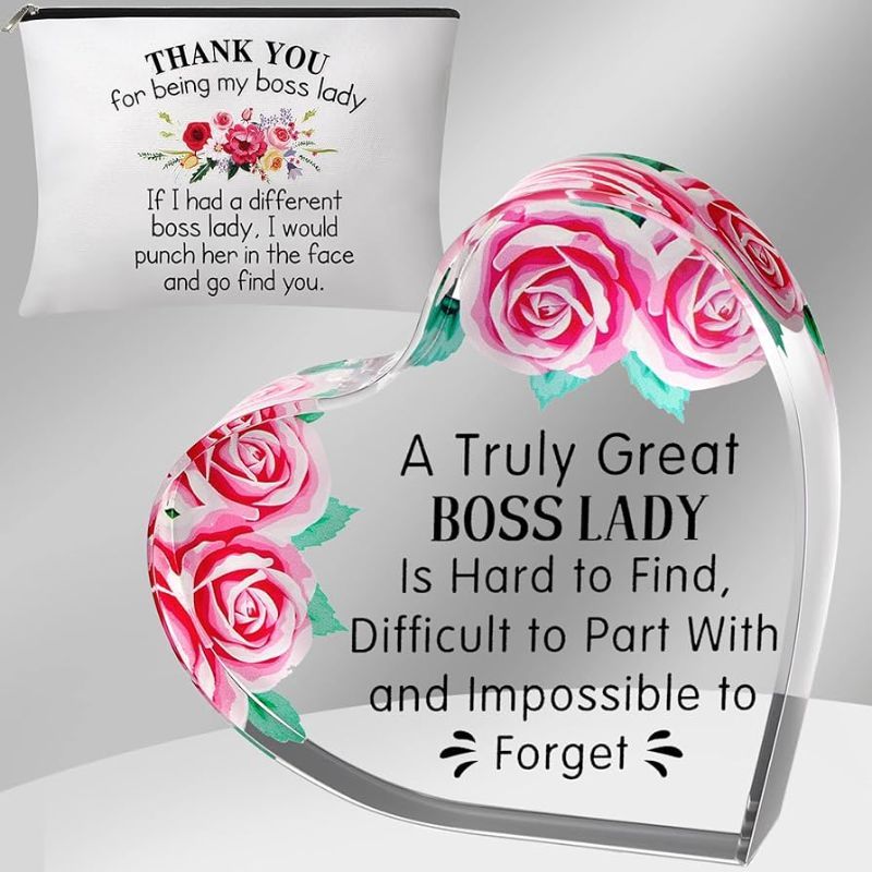 Photo 1 of 2 Pieces Boss Appreciation Gifts for Women Acrylic Plaques Heart Shaped Paperweight Keepsake Thank You for Being My Boss Lady Cosmetic Bags Makeup Pouch for Boss's Birthday Office Desktop Decoration
