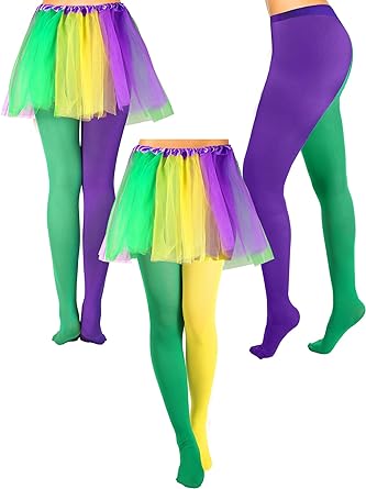 Photo 1 of 3 Pairs Tights Full Length Tights for Women Elastic Striped Leggings Footed Tights for Mardi Gras Halloween Costume (Leggings Only)