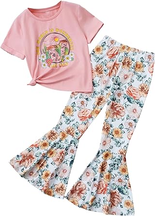 Photo 1 of COZYEASE Girls' 2 Piece Floral and Camera Print Ruffle Hem Round Neck Short Sleeve Tee Top and Flare Leg Pants Set 10Y