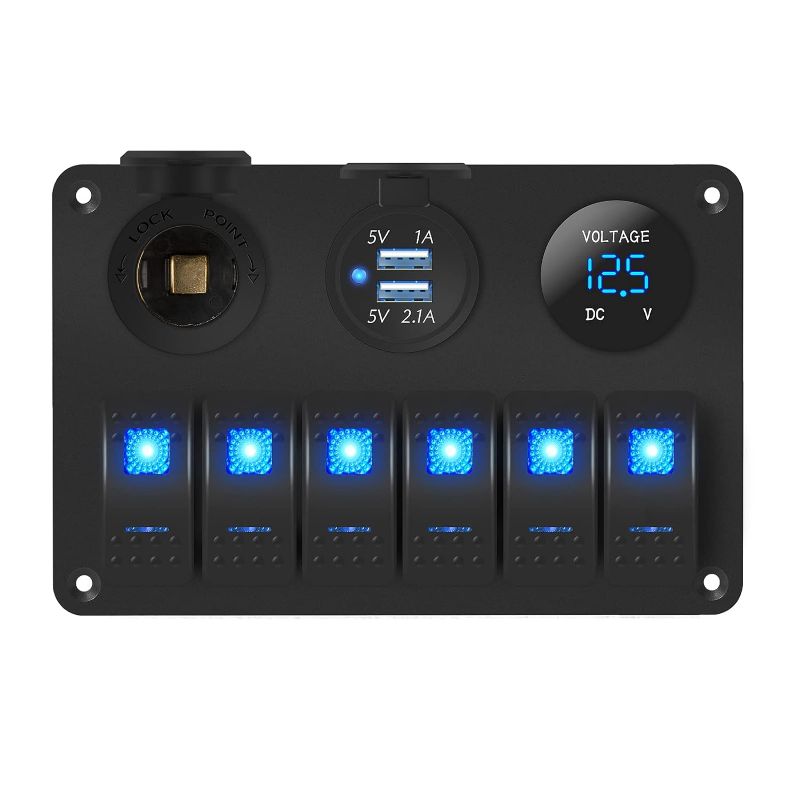 Photo 1 of DaierTek 6 Gang Marine Rocker Switch Panel Waterproof 12 Volt, Boat Toggle Switch Panel 12V Blue LED Lighted for Boat Car RV UTV with USB Cigarette Lighter Socket Voltmeter
