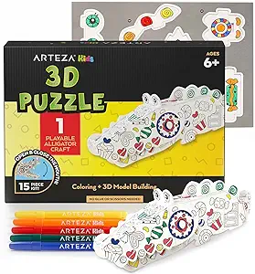 Photo 1 of Arteza Kids 3D Coloring Puzzle Set, 1 Alligator to Craft, Model Kit with 10 Foam Pieces, 5 Nontoxic Markers, & Easy-to-Follow Instructions, Art Supplies for Kids’ Activities
