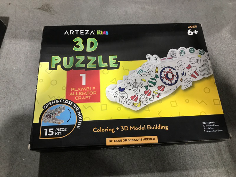 Photo 2 of Arteza Kids 3D Coloring Puzzle Set, 1 Alligator to Craft, Model Kit with 10 Foam Pieces, 5 Nontoxic Markers, & Easy-to-Follow Instructions, Art Supplies for Kids’ Activities
