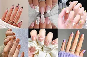 Photo 1 of 6 Packs ?144PCS) Short Square Press on Nails Medium Coffin Fake Nails Pink Gradient Ballerina Stick on Nails French Tip Almond press ons Glossy Rhinestone with Flower Nails for Women and Girls