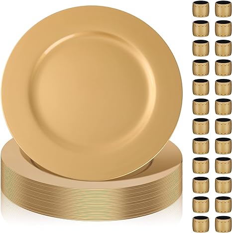 Photo 1 of 24 Sets Gold Charger Plates with Napkin Rings, 13" Round Plastic Dinner Plate Reusable Charger and Service Plate for Dinner, Wedding, Party, Event, Decoration
