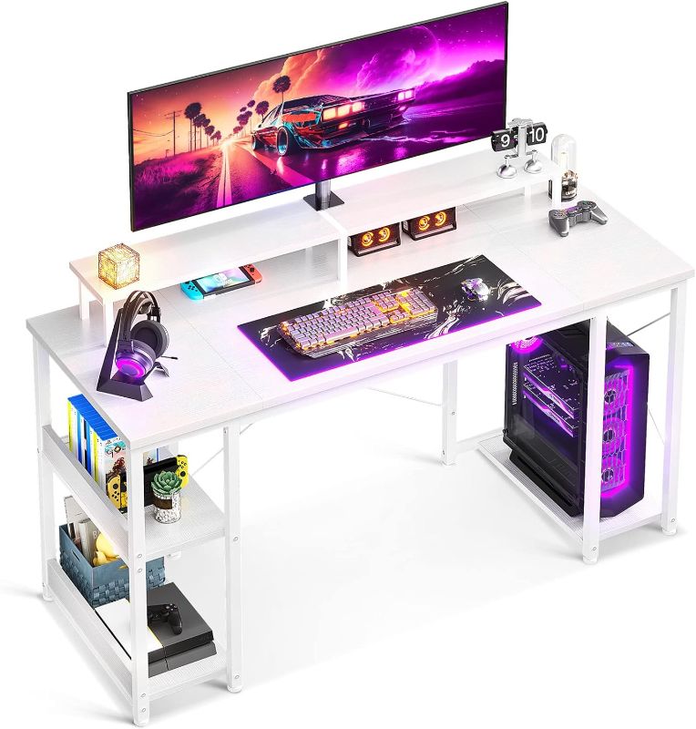 Photo 1 of ODK Computer Desk with Shelves, 55" Home Office Desk with Storage, Study Writing Table, Modern Simple Style PC Desk, Stable Workstation, Pure White
