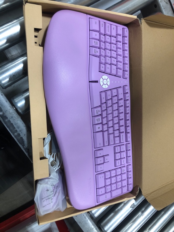 Photo 2 of MEETION Ergonomic Wireless Keyboard and Mouse, Ergo Keyboard with Vertical Mouse, Split Keyboard Cushioned Wrist Palm Rest Natural Typing Rechargeable Full Size, Windows/Mac/Computer/Laptop,Purple Large Purple