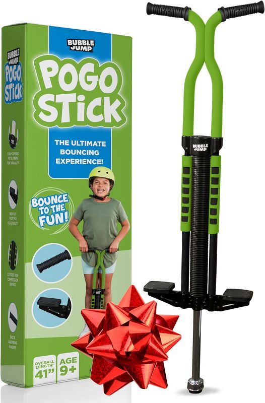 Photo 1 of BUBBLE JUMP Pogo Stick for Kids Age 10 and up Green - for Boys, Girls, Teens & Adults 80 to 160 Lbs - Easy Grip Rubber Handle Master Jumper Pogo Sticks - High Jumping Kids Pogo Stick
