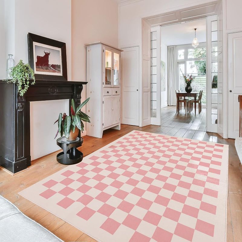 Photo 1 of TRUEDAYS Checkered Area Rug 6x9 Large Area Rug Pink Checkerboard Rug Washable Rug for Bedroom Boho Low Pile Area Rug with Non-Slip Backing for Kitchen Living Room Office and Dining Room
