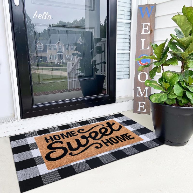 Photo 1 of 100% Coco Coir Welcome Mat + 28 x 43 Inches Buffalo Plaid Rug Combo Set - Farmhouse Front Porch Entryway Fall Decor Floor Mat, Doormat Indoor Outdoors Spring Mats Home Sweet Home
