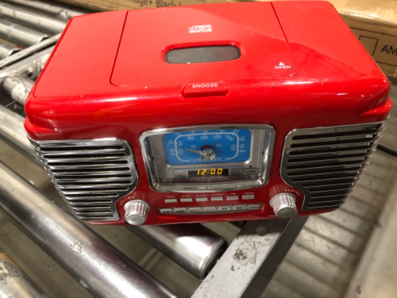 Photo 2 of Crosley CR612B-RE Corsair Tabletop AM/FM Bluetooth Radio with CD Player and Dual Alarm Clock, Red Red Bluetooth