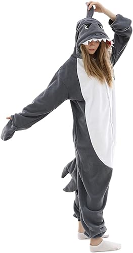 Photo 1 of Adult Shark Pajamas Adult Cosplay Costume Shark One Piece Animal Pajamas Homewear Sleepwear for Women Men Pink, M
