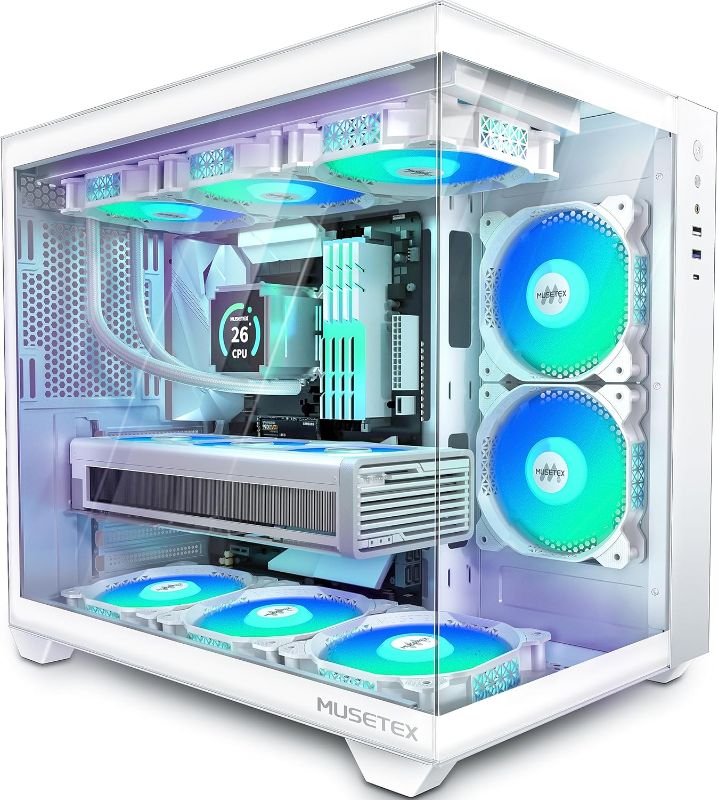 Photo 1 of MUSETEX ATX PC Case,5 PWM ARGB Fans Pre-Installed,360MM RAD Support,Type-C Gaming 270° Full View Tempered Glass Mid Tower Pure White ATX Computer Case,Y6
