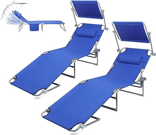 Photo 1 of 
Goallim Beach Lounge Chairs 2PCS, Outdoor Folding Chaise Lounge Chairs with 4-Position, 360° Rotatable Canopy Shade, Pocket&Pillow, Portable Beach Lounger Tanning Chairs for Beach Pool Yard Patio