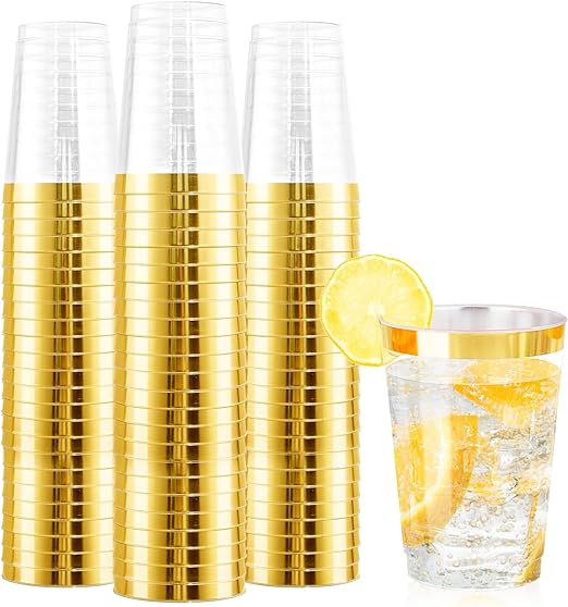 Photo 1 of 120PCS Gold Plastic Cups - 12Oz Heavy Duty Plastic Cups - Disposable Gold Rimmed Plastic Cups - Premium Gold Rim Plastic Cups Perfect for Wedding & Party