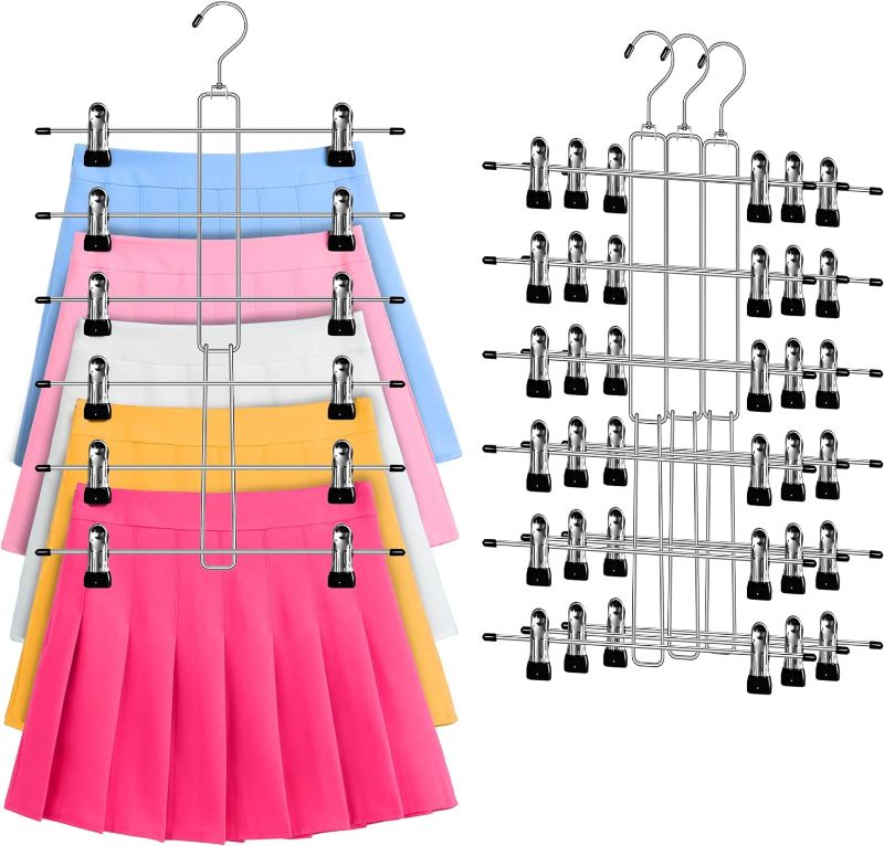 Photo 1 of 3 Pack 6 Tier Skirt Hangers with Clips Space Saving Pants Hangers Closet Organization Clothes Organizer and Storage Heavy Duty Hangers for Pants, Trousers, Shorts, Jeans