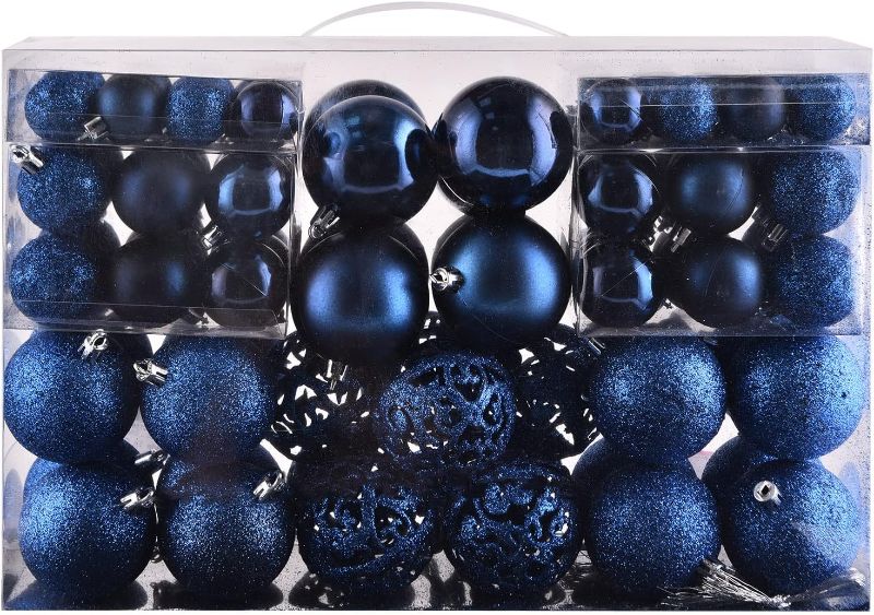 Photo 1 of 100ct Christmas Balls Tree Ornaments, Shatterproof Christmas Tree Decorations Set with Reusable Hand-held Gift Package for Holiday Xmas Tree Decor (Dark Blue)