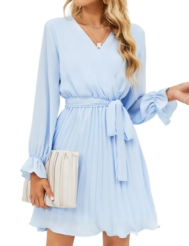 Photo 1 of BBX Lephsnt Women’s Summer Casual Wedding Guest Dress Long Puff Sleeve V Neck Pleated Ruffle Flowy Belted Mini Dress - 2XL 