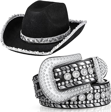 Photo 1 of Bonuci 2 Pcs Sequins Cowgirl Hat Bling Studded Rhinestone Belts Set Western Cowboy Hat Men Women's Belts for Dress Cosplay
