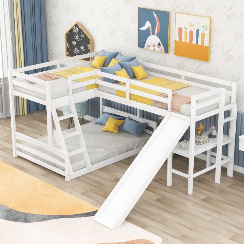 Photo 1 of Twin Size Loft Bed with Desk and Slide, Triple Bunk Bed for 3?Full-Length Guardrail Twin Bunk Bed?Bed Frame for Kids, Teens, Girls, Boys, Bedroom Home Furniture, No Box Spring Required (White)
