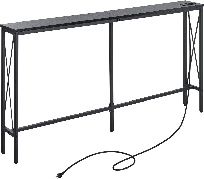 Photo 1 of ELYKEN 7.9” Console Table with Power Outlet, 7.9" Dx63 Wx31.5 H Sofa Table for Living Room, Long Slim Entryway Table with 6.5’ Extension Cord, Black Skinny Couch Table with Metal Frame for Hallway
