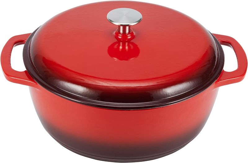 Photo 1 of **DAMAGED ENAMEL** Amazon Basics Enameled Cast Iron Covered Round Dutch Oven, 6-Quart, Red
