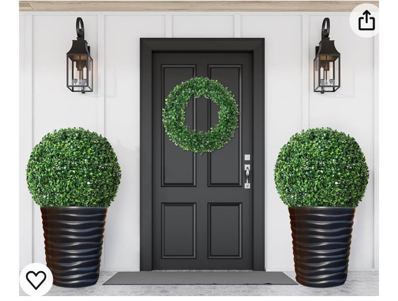 Photo 2 of 2 Pcs 16.1 Inch Artificial Plant Topiary Ball, Come with 1 Pc 11.8 Inch Faux Boxwood Wreath, UV Protected Decorative Greenery Spheres for Indoor Outdoor Garden Wedding Backyard Balcony Home Decor