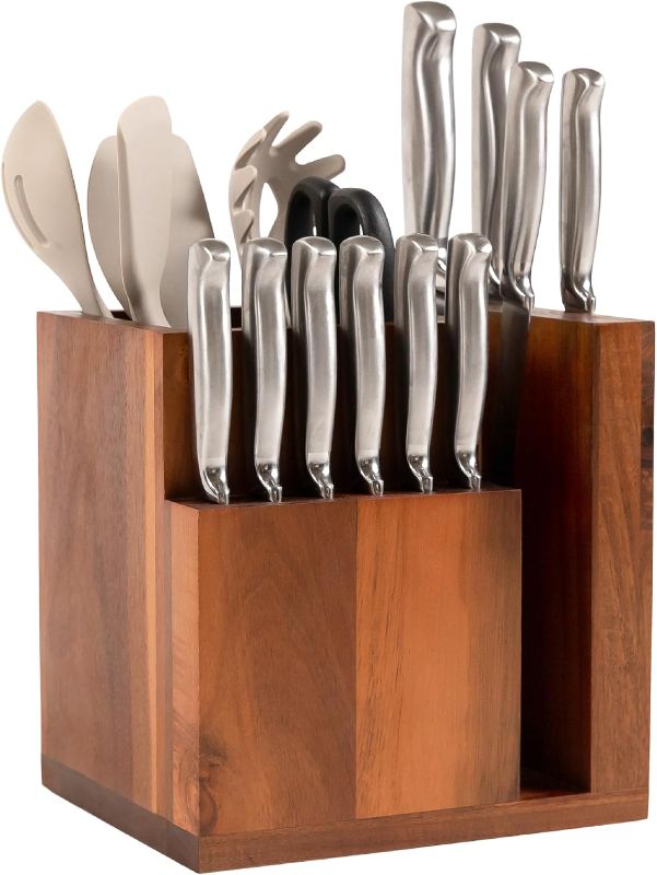 Photo 1 of Acacia Magnetic Knife Block and Cooking Utensil Holder, Sleek Storage for Chefs Knives, Steak Knives, Spatulas, Scissors, Non-Slip Rubber Feet, Easy to Clean, Kitchen Countertop Organizer
