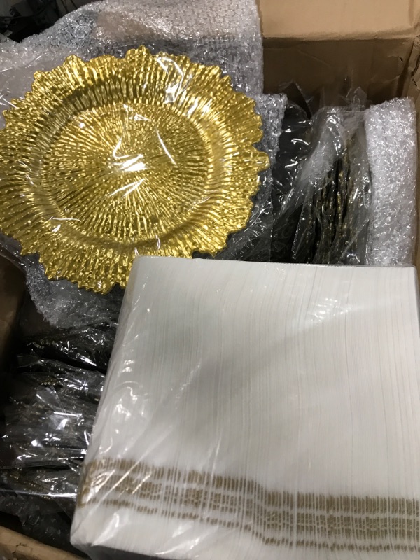 Photo 3 of Nitial 100 Pcs Reef Charger Plate Set Bulk 13" Plastic Plate Chargers Metallic Ruffled Rim Charger Plates with Paper Napkins Disposable Guest Towels for Table Setting Wedding Party (Gold) 100 Gold