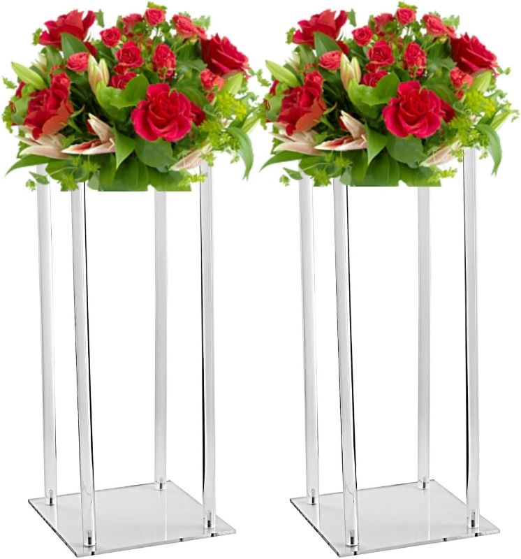 Photo 1 of 2 Pcs Acrylic Clear Vases for Wedding Centerpieces, 23.62in Tall Flower Vases, Engagement Home Party Table Decor Centerpiece Vases, Rectangular Acrylic Flower Stand with 10 Pcs Gold Napkin Rings 