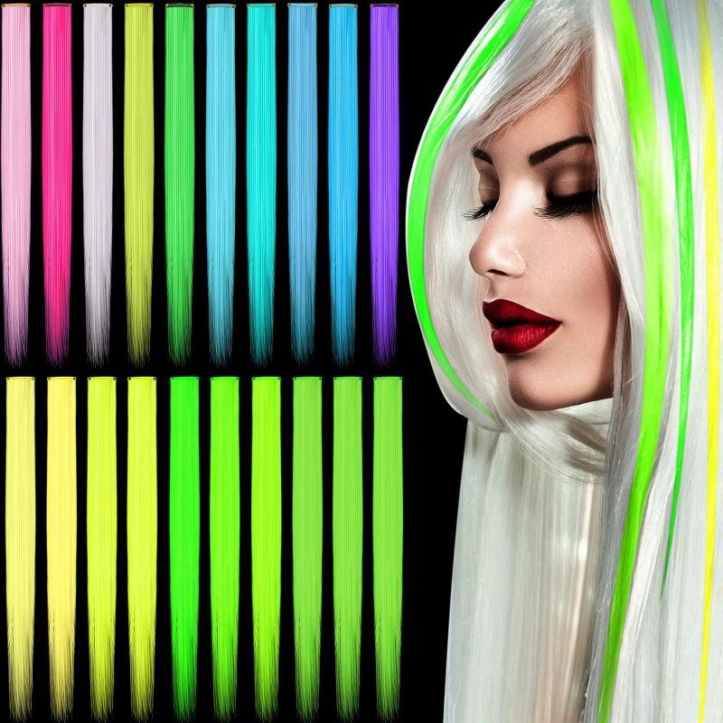 Photo 1 of 20 Pcs Glow in the Dark Hair Extensions Clip Luminous Colored Hairpieces Party Rainbow Hair Clips Synthetic Neon Fake Hair Clips Hair Accessories for DIY Women Kids Girls, 10 Color (Straight Hair)