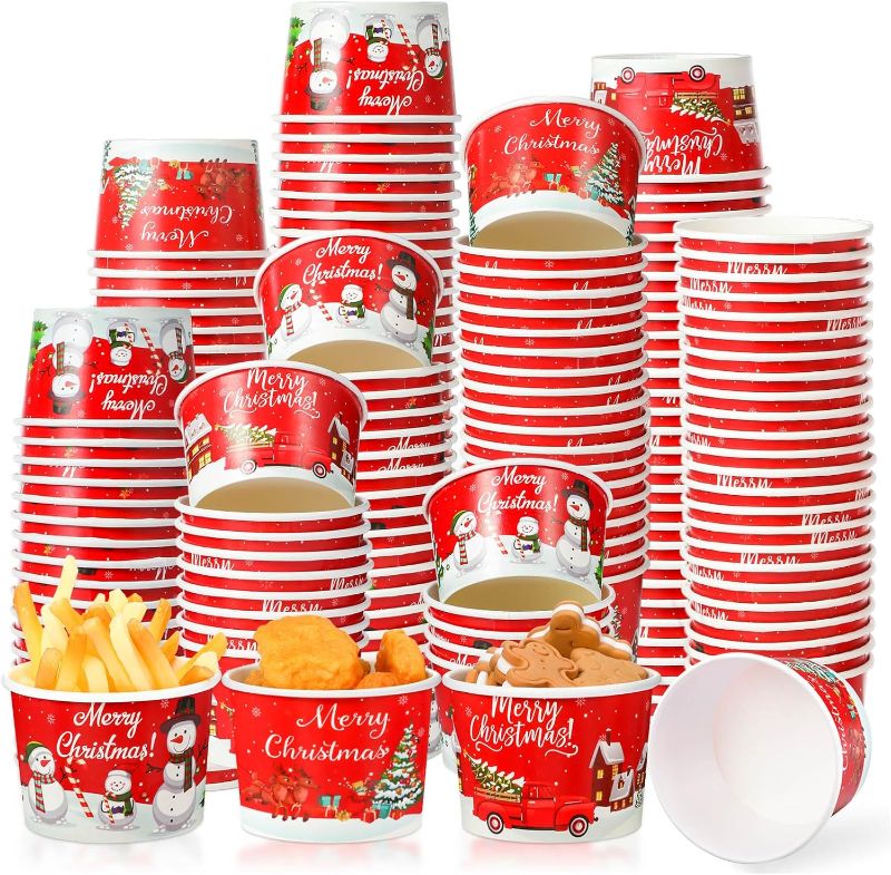 Photo 1 of 150 Pieces Christmas Party Snack Cups Xmas Disposable Ice Cream Cups Merry Christmas Disposable Paper Dessert Soup Bowls for Hot or Cold Food, Christmas Party Decorations Supplies, 8 Oz
