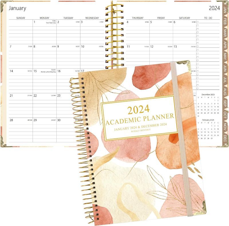 Photo 1 of 2024 Planner - Weekly Monthly Planner 2024,Jan.2024-Dec.2024,6.3x8.5 Academic Agenda Planner with Tabs,Spiral Bound,Elastic Closure.BOHO
