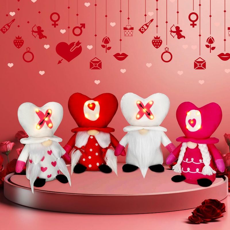Photo 1 of 4 Pcs Valentine's Day Gnome Decorations Light up Valentine's Day Decorations XOXO Mr. Mrs. Heart Gnomes Plush Handmade Swedish Tomte for Valentine's Day Gift Home Table Tiered Tray
