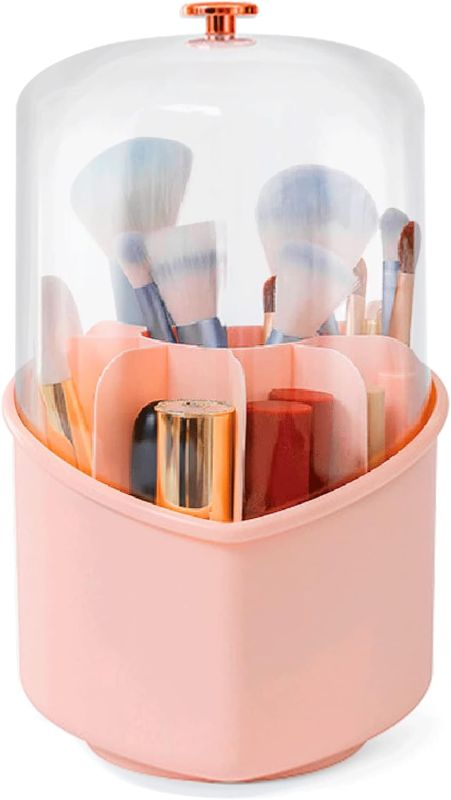 Photo 1 of 1Pcs Rotating Makeup Brush Holder Organizer with Lid Smooth Dustproof Make Up Brushes Container with Clear Cover, Spinning Cosmetics Storage Cup for Desktop Bathroom (Heart Shaped)
