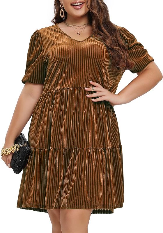 Photo 1 of YEAQING Women's Plus Size Summer Dresses for Wedding Guest 2023 Short Puff Sleeve Flowy Swing Dress Summer Large Orange