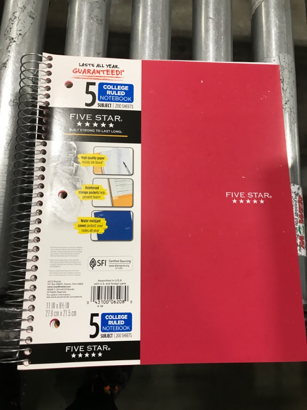 Photo 2 of Five Star 5 Subject College Ruled Wirebound Notebook, 11" x 8 1/2", Color Choice Will Vary (08969), 1 Count