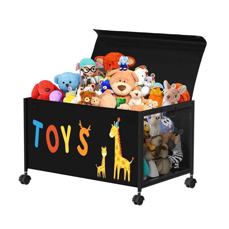 Photo 1 of Aconfei Kids Toy Box, 70L Metal & Oxford Cloth Toy Chest with 360° Wheels, Toy box with Lid for Boys, Girls, Stuffed Animals, Clothes, Bedroom, Living Room -Black 