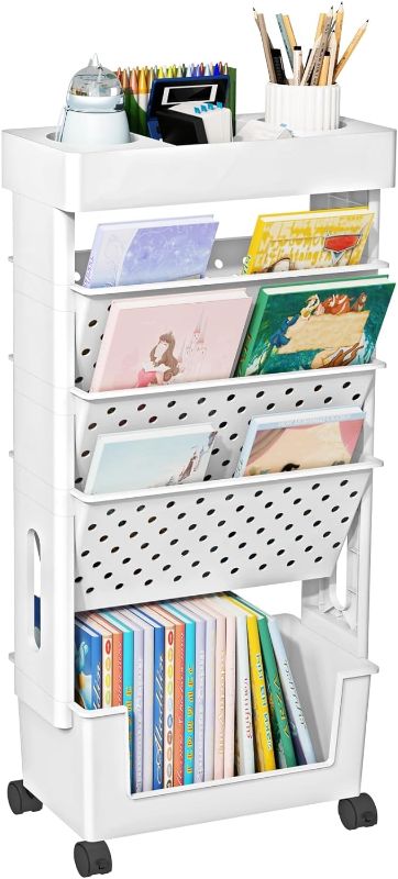 Photo 1 of 5-Tier White Mobile Bookshelf, Movable Bookshelf Rolling Office Paper Organizer Book Rack Storage Removable Utility Small Bookcase with Wheels for Office, Dorm, Classroom, Nursery White 5 Tier