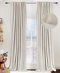 Photo 1 of 100% Blackout Shield Linen Blackout Curtains 120 Inches Long,Back Tab/Rod Pocket Living Room Drapes,Thermal Insulated Textured Blackout Curtains 2 Panels Set,50" W x 120" L,Cream 