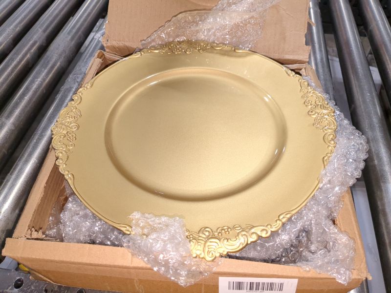 Photo 1 of Okllen 12 Pack Gold Charger Plates, 13" Round Charger Plates with Embossed Rim, Decorative Dinner Charger Serving Plates for Catering, Wedding, Tabletop Decor
