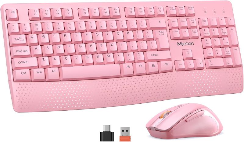 Photo 1 of MEETION Wireless Keyboard and Mouse, Computer Keyboard Mouse, 3 DPI Adjustable USB A and USB C Adapter Full-Sized Cordless Keyboard and Mouse, Wrist Rest for PC/Computer/Laptop/Windows/Mac, Pink
