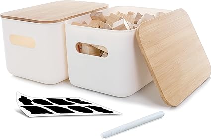 Photo 1 of  Pack of 2 Bamboo Storage Boxes with Lid for Bathroom, Plastic Storage Basket, Stackable Small Storage Jar with Handles for Kitchen, Bedroom- WHITE