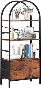 Photo 1 of Yoobure Arched Bookshelf with Drawers, 4 Tier Book Shelf Storage Shelves, Industrial Bookcase Book Organizer for Bedroom Office, Tall Metal Bookshelves, Open Book Case Display Standing Shelf Unit
