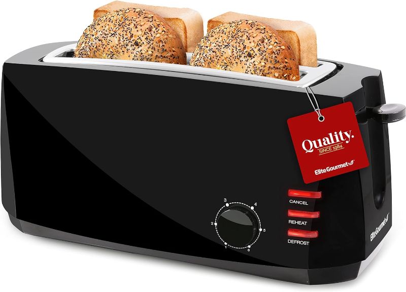 Photo 1 of Elite Gourmet ECT4829B Long Slot 4 Slice Toaster, 6 Toast Settings Toaster Defrost, Reheat, Cancel Functions, Slide Out Crumb Tray, Extra Wide Slots for Bagels Waffles, Black
