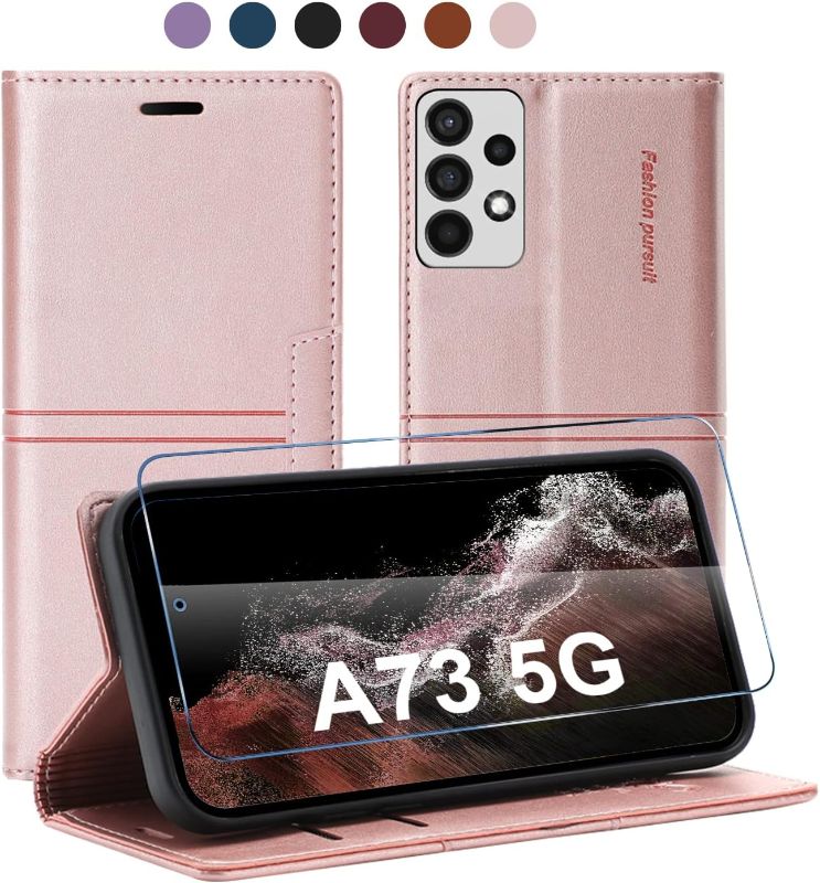 Photo 1 of 13peas Case for Samsung Galaxy A73 5G?2022 Released?, Cowhide Leather Wallet case with 1 Tempered Glass Screen Protector?Card Holder Slots as Kickstand Protective Business flip Cover (Rose Gold) 
