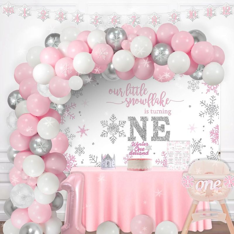 Photo 1 of 151 PCs Winter Onederland 1st Birthday Decorations for Girl, Fiesec Frozen Snowflake First Party Decorations Backdrop Banner Balloon Garland Tablecloth Cake Cupcake Topper Box Cutout Crown Poster