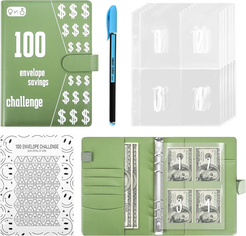 Photo 1 of 100 Envelope Challenge Binder?100 Envelopes Money Saving Challenge?A5 Money Saving Budget Binder with Cash Envelopes – Savings Challenges Book to Save $5,050?Envelope Savings Challenge Book (Green) 