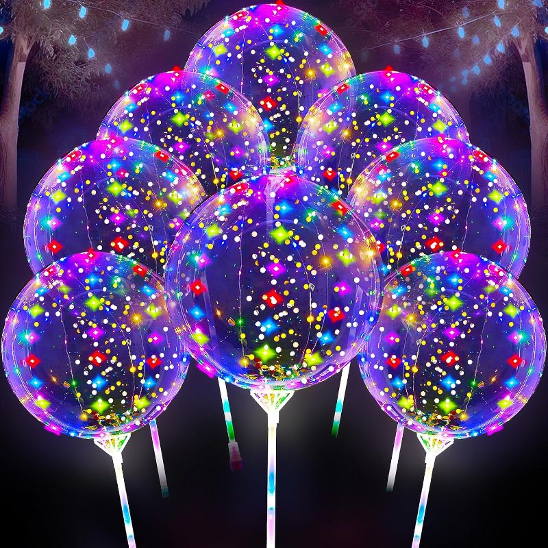 Photo 1 of 8 LED BALLOONS light up Balloons for Party Decorations 30 Inch: Lighted Bubble Confetti Balloons, Clear Balloons with Lights Inside, LED Light Up Balloons with Stick – Helium Tank Required 8 Pack
