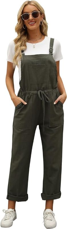 Photo 1 of Kissonic Baggy Overalls for Women, Loose Fit Cotton Jumpsuits Adjustable Strap Linen Rompers(ArmyGreen-M)