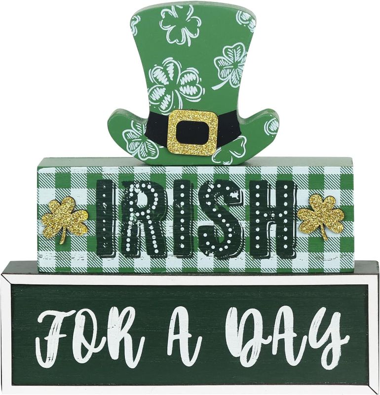 Photo 1 of DEWBIN St Patricks Day Decorations, 3-Layered Leprechaun Hat Wood Block St Patricks Day Decor, Shamrock Ornaments Irish for A Day Sign Saint Patricks Day Decorations for The Home, Table, Mantel 